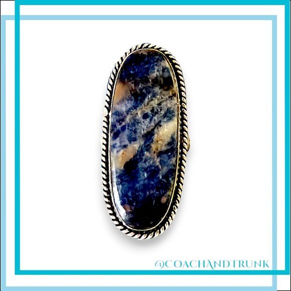 100% ARTISAN Natural Sodalite Oval Silver Ring Size 7.25 - Picture 2 of 9